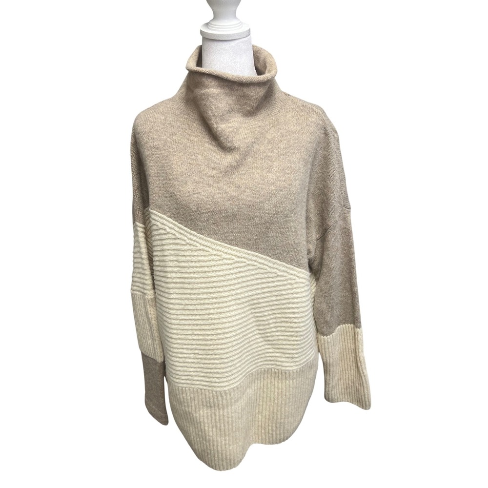 French Connection Sweater Womens Sz M Mock Neck Colorblock Oversized Tan Neutral
